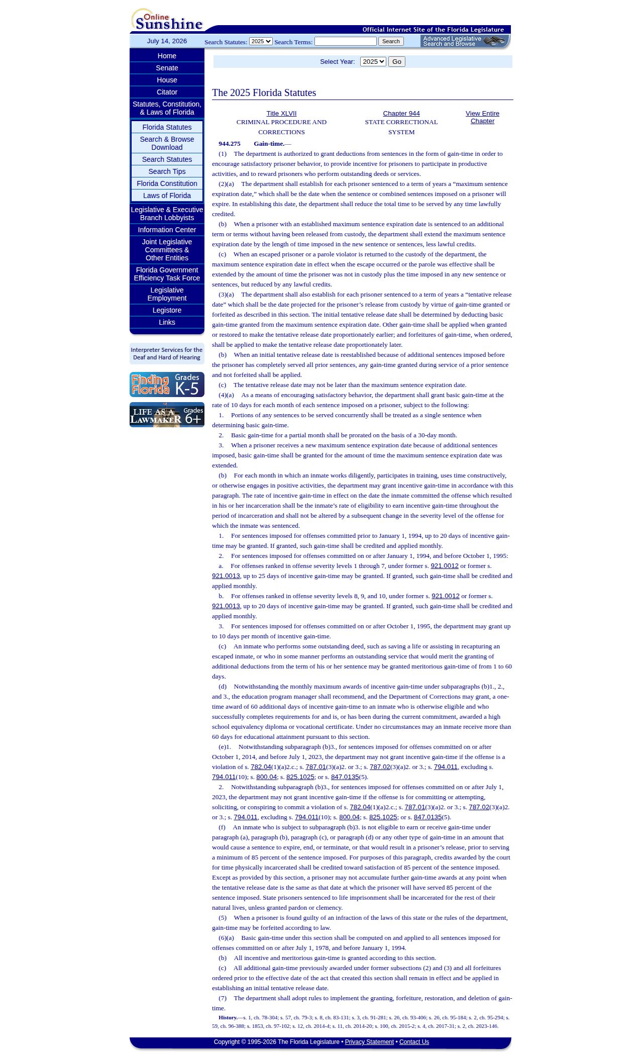 Florida gain-time statute for Bradford County projected release dates
