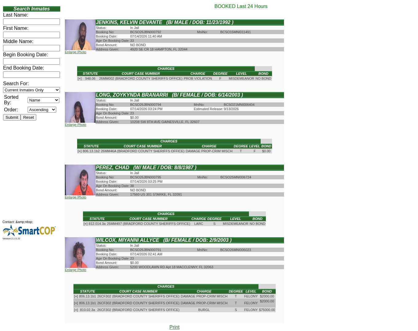 Bradford County released inmate SmartWEB search